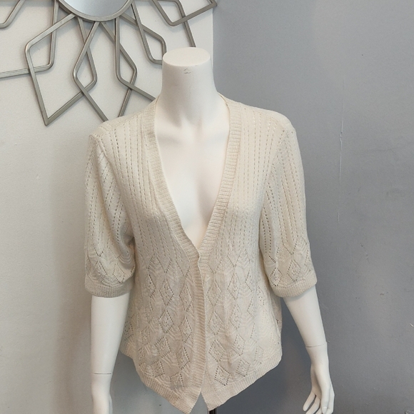 Robbie Bee Cream Cardigan with Textured Knit and V-Neck 24" Pit to Pit 231/2" L. - Picture 1 of 5